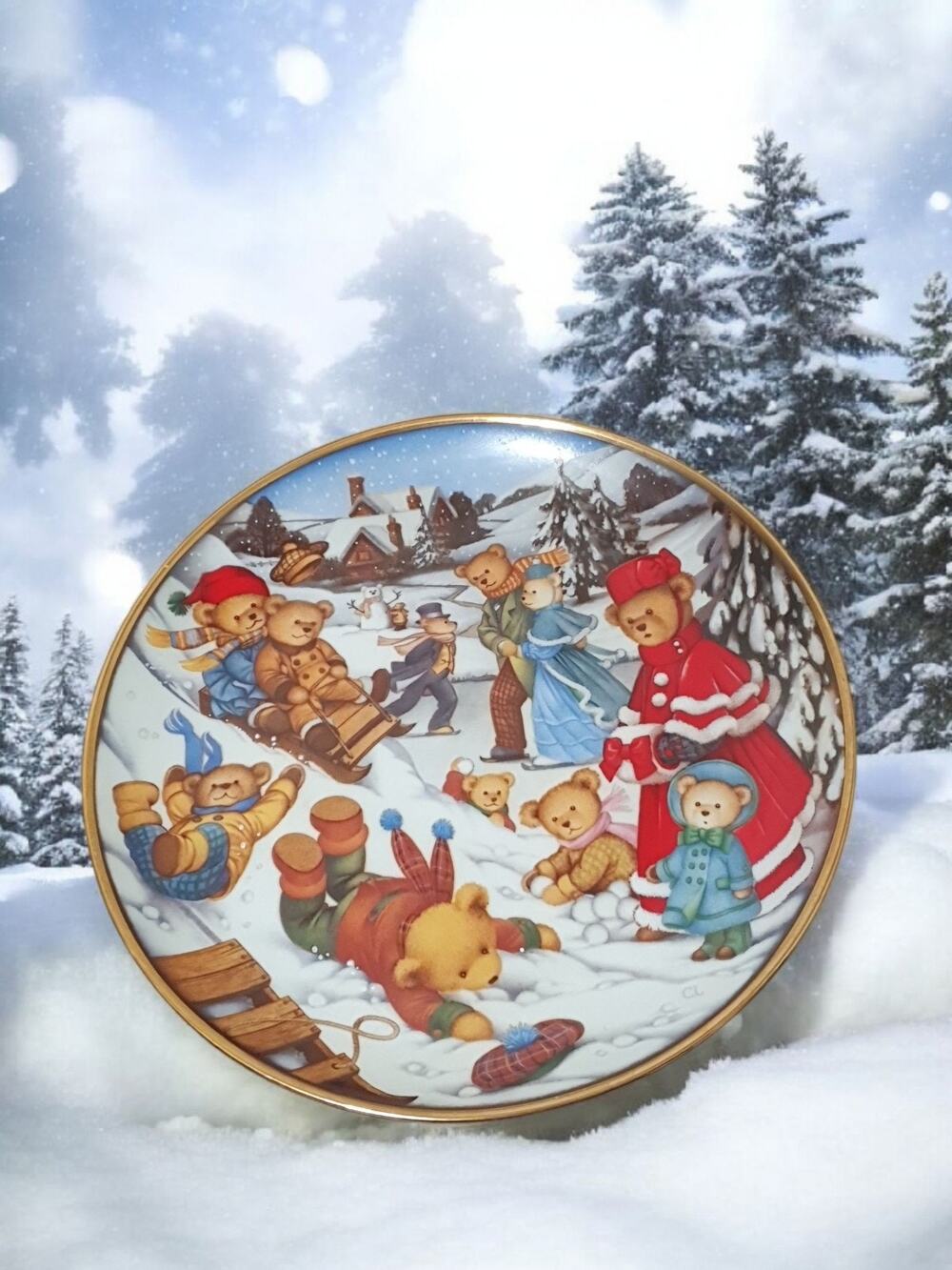 Franklin Mint - TEDDY BEAR WINTER FROLIC Limited Edition Collectible Plate COA